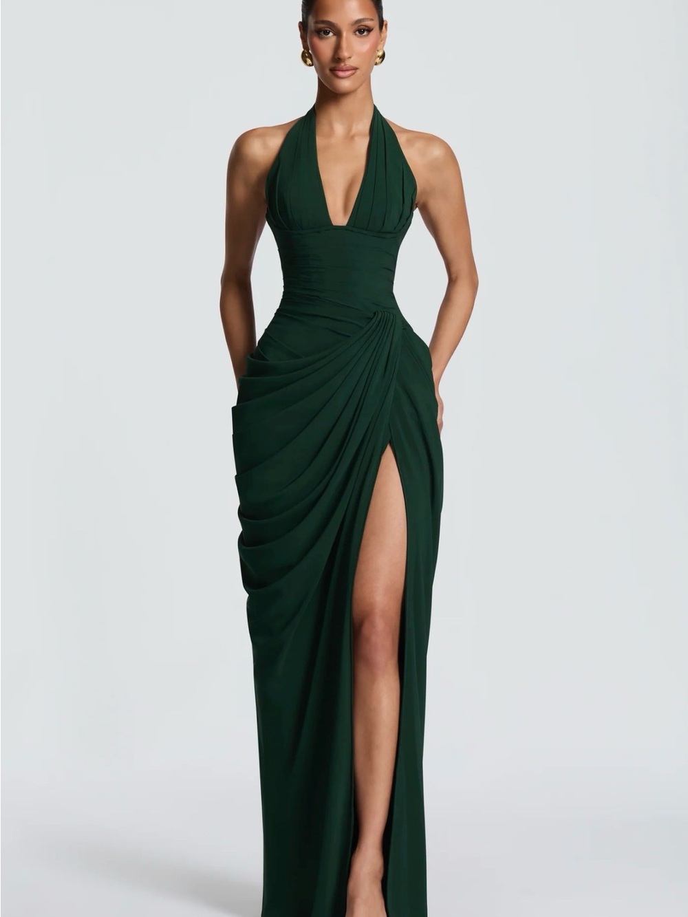 One-Shoulder Draped Halter Gown in Deep Green